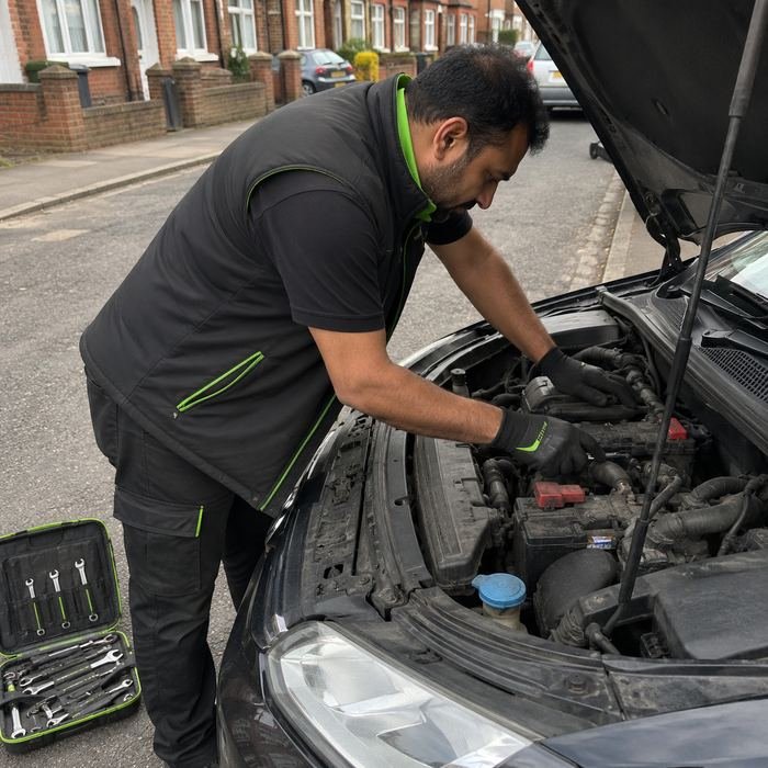 GO-Tyres mechanic working under the bonnet of a car outside a house