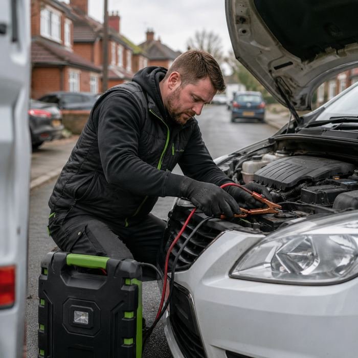 GO-Tyres mechanic jump-starting a car on a residential Warrington street
