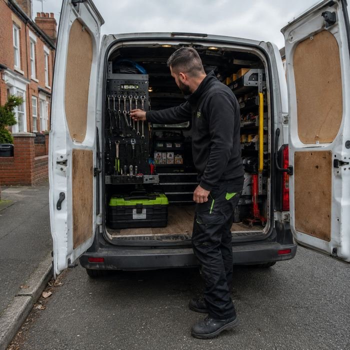 GO-Tyres mechanic selecting tools from a fully stocked van